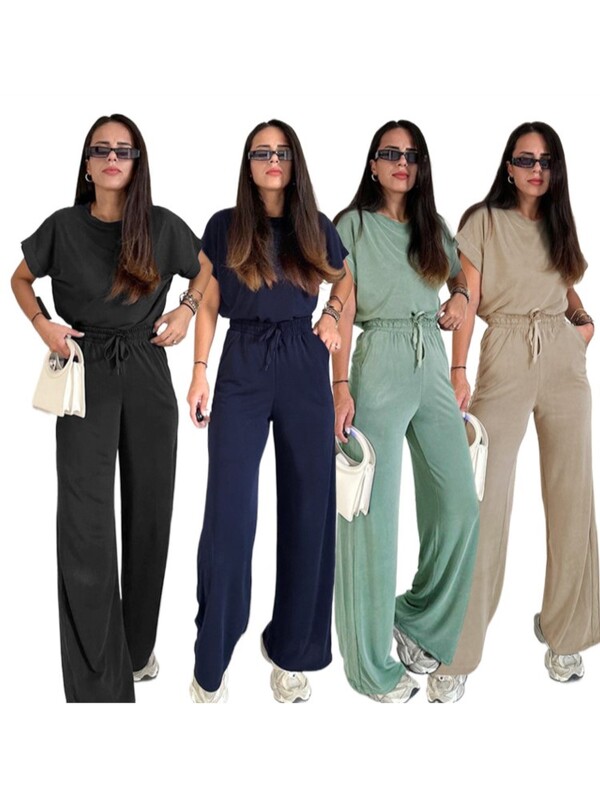 Пълен костюм с панталон за жени Едноцветен дамски топ с кръгло деколте и къс ръкав Ежедневен комплект широки панталони Анцузи Дамски 2024
