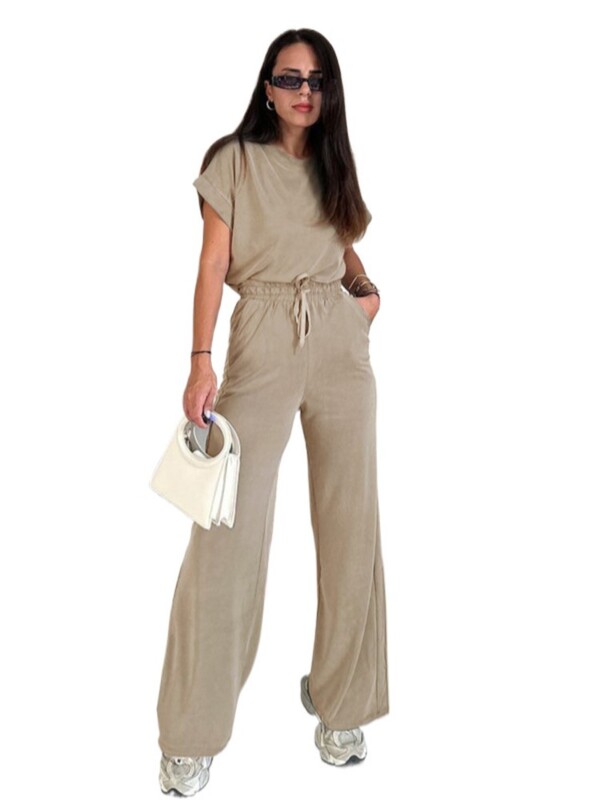Пълен костюм с панталон за жени Едноцветен дамски топ с кръгло деколте и къс ръкав Ежедневен комплект широки панталони Анцузи Дамски 2024