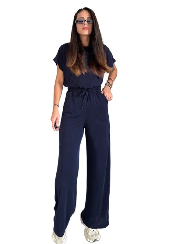 Пълен костюм с панталон за жени Едноцветен дамски топ с кръгло деколте и къс ръкав Ежедневен комплект широки панталони Анцузи Дамски 2024