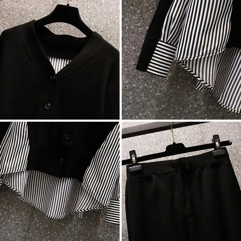 Kevadine uus salendav ja vananemist vähendav V-kaelusega nööbiga triibuline lapiline topp elastse vöökohaga vabaajapükste kaheosaline komplekt