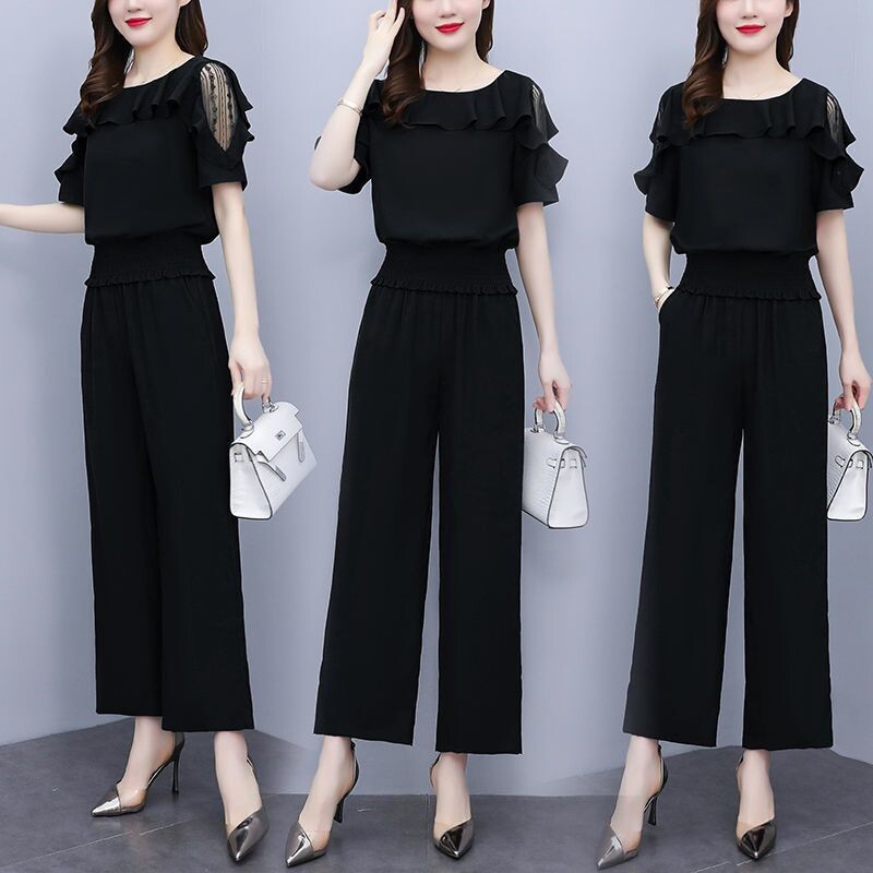 Žensko ljetno odijelo 2024. Novi čipkasti ažur s pojasom i otvorenim ramenima Majice kratkih rukava Dvodijelni komplet hlača širokih nogavica 2 za žene