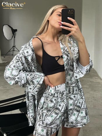 Clacive Fashion Loose Print 2 Piece Sets Γυναικεία στολή 2024 Κομψά μακρυμάνικα πουκάμισα με ψηλόμεσο σορτς σετ Streetwear