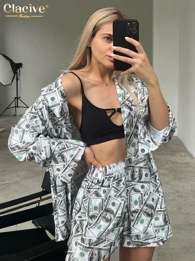 Clacive Modni široki kompleti od 2 komada Ženska odjeća 2024. Elegantne majice dugih rukava s kratkim hlačama visokog struka Komplet ulične odjeće