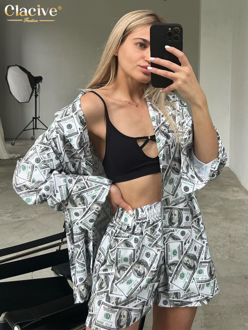 Clacive Modni široki kompleti od 2 komada Ženska odjeća 2024. Elegantne majice dugih rukava s kratkim hlačama visokog struka Komplet ulične odjeće