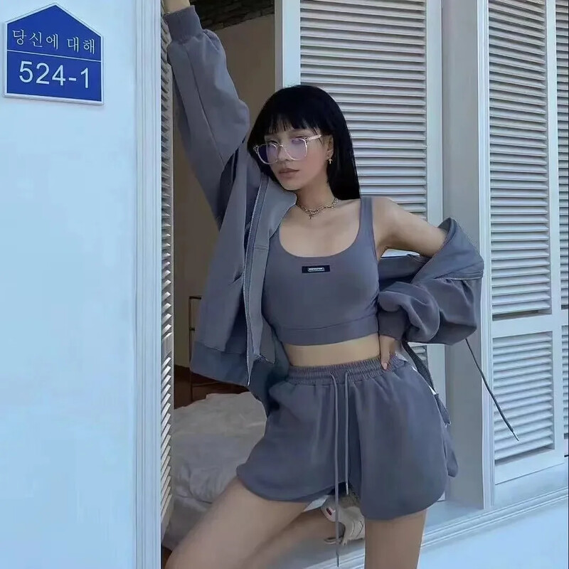 Ležerne kratke hlače Tri kompleta od 3 komada Ženski prsluk Kratke hlače s kapuljačom Jakna s patentnim zatvaračem Sportska odijela Ženska jednobojna sportska majica s kapuljačom