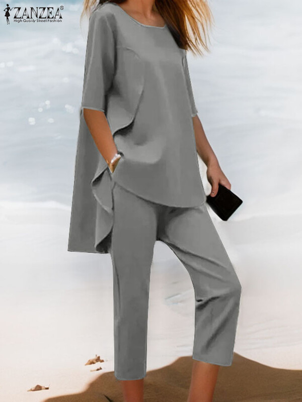 Ženski dvodijelni kompleti ZANZEA 2024 Jesen Asimetrične majice i hlače Odijela Uredska ulična odjeća Ležerni odgovarajući kompleti Modna odjeća