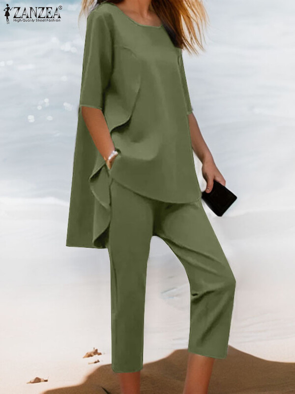 Ženski dvodijelni kompleti ZANZEA 2024 Jesen Asimetrične majice i hlače Odijela Uredska ulična odjeća Ležerni odgovarajući kompleti Modna odjeća
