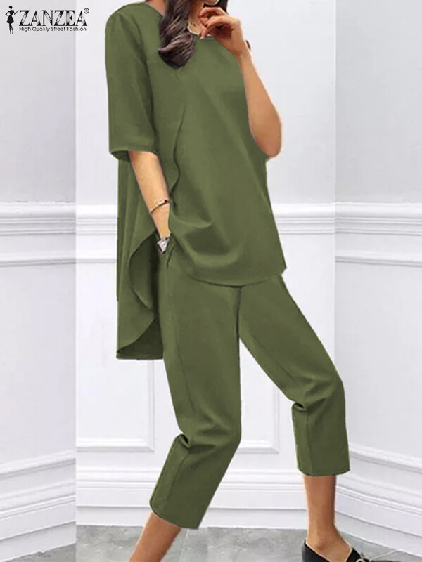 Ženski dvodijelni kompleti ZANZEA 2024 Jesen Asimetrične majice i hlače Odijela Uredska ulična odjeća Ležerni odgovarajući kompleti Modna odjeća
