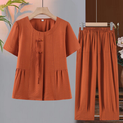 Dvodijelni komplet majica kratkih rukava + duge hlače Ljetno odijelo 2024. Ženska modna ležerna odjeća velikih veličina s kratkim rukavima, klasična pletena odjeća s kopčom