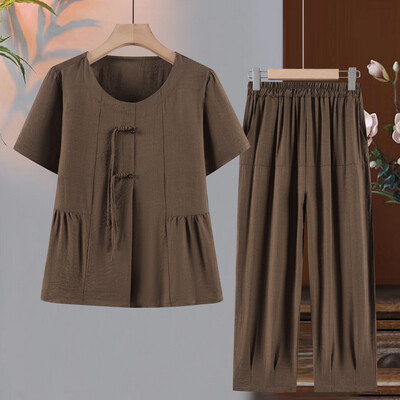 Dvodijelni komplet majica kratkih rukava + duge hlače Ljetno odijelo 2024. Ženska modna ležerna odjeća velikih veličina s kratkim rukavima, klasična pletena odjeća s kopčom