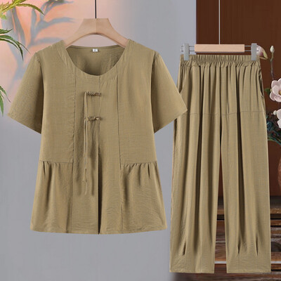 Dvodijelni komplet majica kratkih rukava + duge hlače Ljetno odijelo 2024. Ženska modna ležerna odjeća velikih veličina s kratkim rukavima, klasična pletena odjeća s kopčom