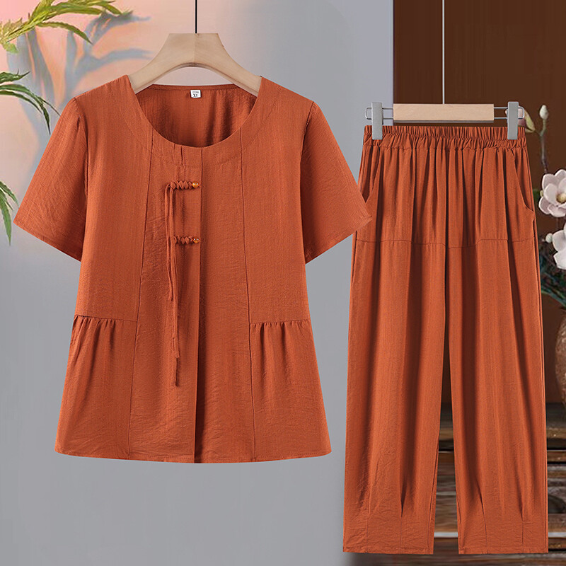 Dvodijelni komplet majica kratkih rukava + duge hlače Ljetno odijelo 2024. Ženska modna ležerna odjeća velikih veličina s kratkim rukavima, klasična pletena odjeća s kopčom