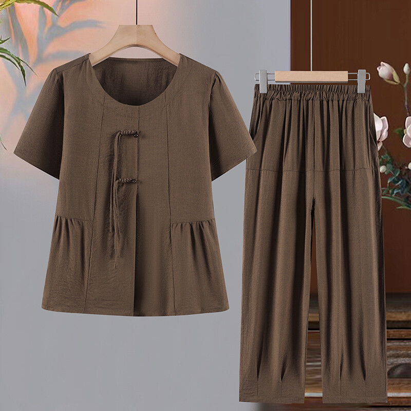 Dvodijelni komplet majica kratkih rukava + duge hlače Ljetno odijelo 2024. Ženska modna ležerna odjeća velikih veličina s kratkim rukavima, klasična pletena odjeća s kopčom