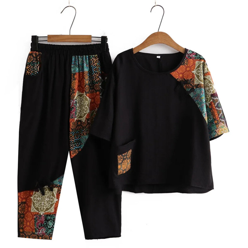 Žensko ležerno odijelo Ljeto Nova moda Odjeća velikih veličina Široka pamučna lanena majica kratkih rukava Dvodijelni komplet skraćenih hlača Harlan