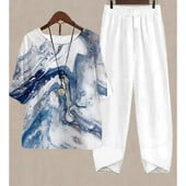 Uus kaheosaline komplekt naiste vabaaja O-kaelusega lühikeste varrukatega triibuga, prinditud sobivad suvised naiste topid T-särk Elegantne avara pükste kostüümid sügiseks