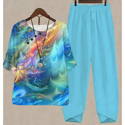 Uus kaheosaline komplekt naiste vabaaja O-kaelusega lühikeste varrukatega triibuga, prinditud sobivad suvised naiste topid T-särk Elegantne avara pükste kostüümid sügiseks