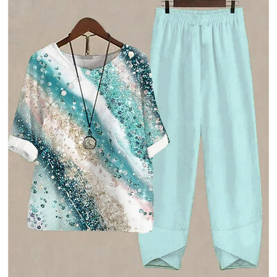 Uus kaheosaline komplekt naiste vabaaja O-kaelusega lühikeste varrukatega triibuga, prinditud sobivad suvised naiste topid T-särk Elegantne avara pükste kostüümid sügiseks