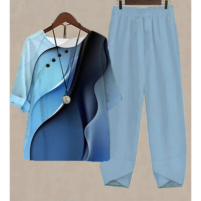 Uus kaheosaline komplekt naiste vabaaja O-kaelusega lühikeste varrukatega triibuga, prinditud sobivad suvised naiste topid T-särk Elegantne avara pükste kostüümid sügiseks