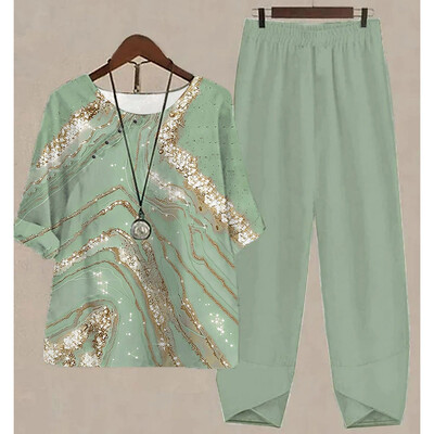 Uus kaheosaline komplekt naiste vabaaja O-kaelusega lühikeste varrukatega triibuga, prinditud sobivad suvised naiste topid T-särk Elegantne avara pükste kostüümid sügiseks