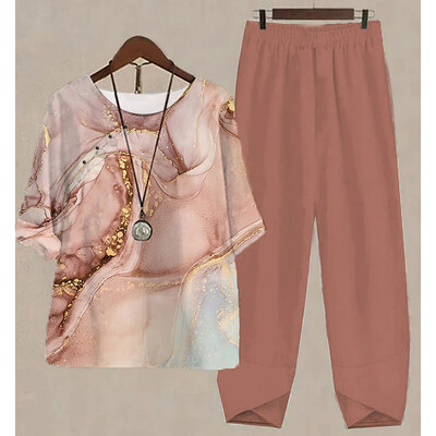 Uus kaheosaline komplekt naiste vabaaja O-kaelusega lühikeste varrukatega triibuga, prinditud sobivad suvised naiste topid T-särk Elegantne avara pükste kostüümid sügiseks