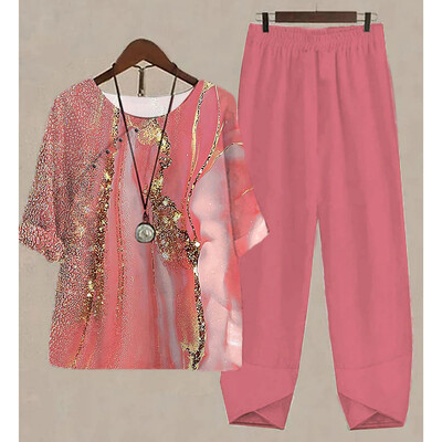 Uus kaheosaline komplekt naiste vabaaja O-kaelusega lühikeste varrukatega triibuga, prinditud sobivad suvised naiste topid T-särk Elegantne avara pükste kostüümid sügiseks