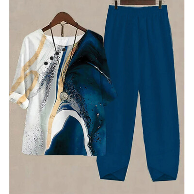 Uus kaheosaline komplekt naiste vabaaja O-kaelusega lühikeste varrukatega triibuga, prinditud sobivad suvised naiste topid T-särk Elegantne avara pükste kostüümid sügiseks