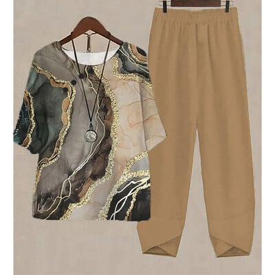 Uus kaheosaline komplekt naiste vabaaja O-kaelusega lühikeste varrukatega triibuga, prinditud sobivad suvised naiste topid T-särk Elegantne avara pükste kostüümid sügiseks