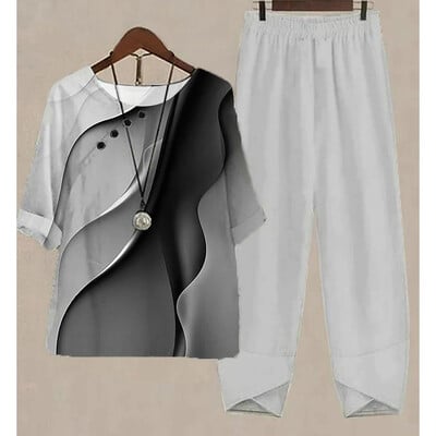 Uus kaheosaline komplekt naiste vabaaja O-kaelusega lühikeste varrukatega triibuga, prinditud sobivad suvised naiste topid T-särk Elegantne avara pükste kostüümid sügiseks