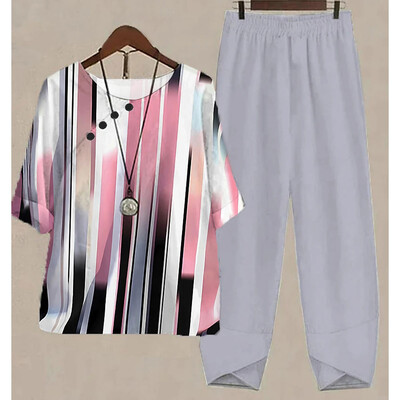 Uus kaheosaline komplekt naiste vabaaja O-kaelusega lühikeste varrukatega triibuga, prinditud sobivad suvised naiste topid T-särk Elegantne avara pükste kostüümid sügiseks