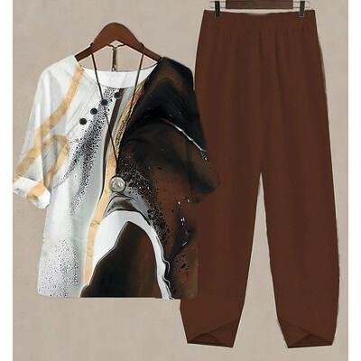 Uus kaheosaline komplekt naiste vabaaja O-kaelusega lühikeste varrukatega triibuga, prinditud sobivad suvised naiste topid T-särk Elegantne avara pükste kostüümid sügiseks