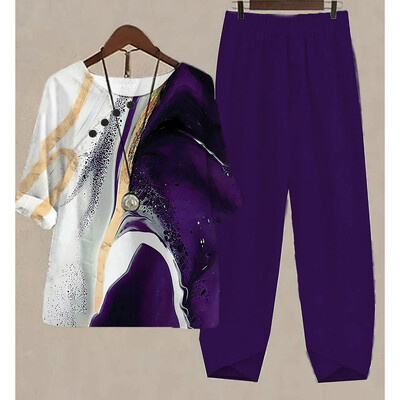 Uus kaheosaline komplekt naiste vabaaja O-kaelusega lühikeste varrukatega triibuga, prinditud sobivad suvised naiste topid T-särk Elegantne avara pükste kostüümid sügiseks