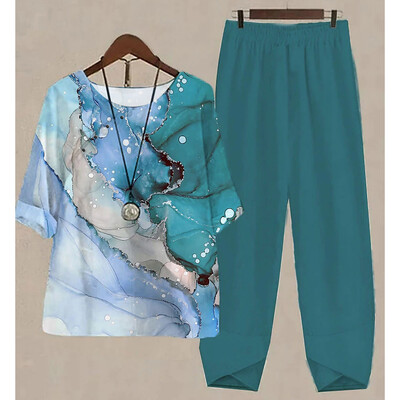 Uus kaheosaline komplekt naiste vabaaja O-kaelusega lühikeste varrukatega triibuga, prinditud sobivad suvised naiste topid T-särk Elegantne avara pükste kostüümid sügiseks