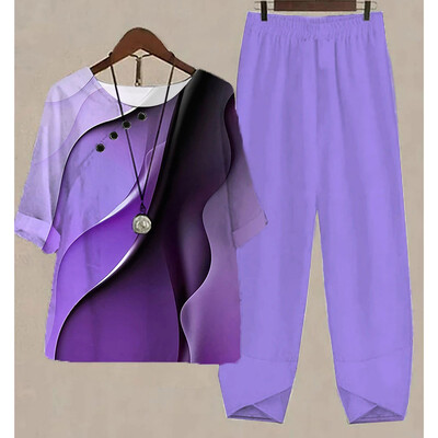 Uus kaheosaline komplekt naiste vabaaja O-kaelusega lühikeste varrukatega triibuga, prinditud sobivad suvised naiste topid T-särk Elegantne avara pükste kostüümid sügiseks