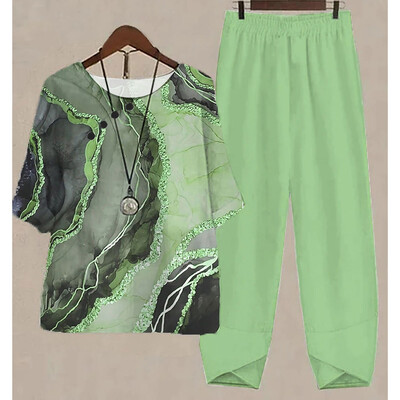 Uus kaheosaline komplekt naiste vabaaja O-kaelusega lühikeste varrukatega triibuga, prinditud sobivad suvised naiste topid T-särk Elegantne avara pükste kostüümid sügiseks