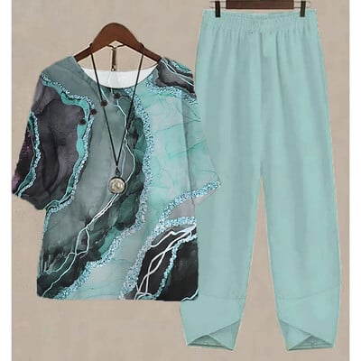 Uus kaheosaline komplekt naiste vabaaja O-kaelusega lühikeste varrukatega triibuga, prinditud sobivad suvised naiste topid T-särk Elegantne avara pükste kostüümid sügiseks