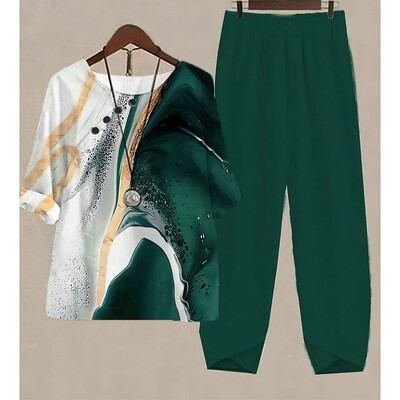 Uus kaheosaline komplekt naiste vabaaja O-kaelusega lühikeste varrukatega triibuga, prinditud sobivad suvised naiste topid T-särk Elegantne avara pükste kostüümid sügiseks