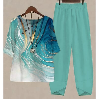 Uus kaheosaline komplekt naiste vabaaja O-kaelusega lühikeste varrukatega triibuga, prinditud sobivad suvised naiste topid T-särk Elegantne avara pükste kostüümid sügiseks