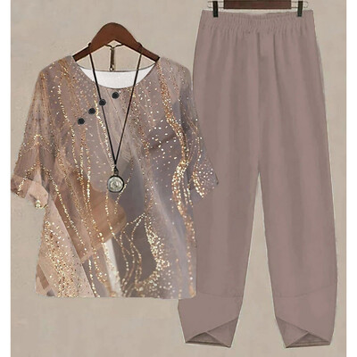 Uus kaheosaline komplekt naiste vabaaja O-kaelusega lühikeste varrukatega triibuga, prinditud sobivad suvised naiste topid T-särk Elegantne avara pükste kostüümid sügiseks