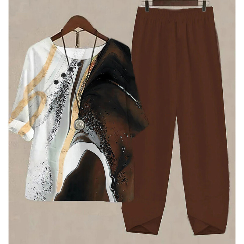 Uus kaheosaline komplekt naiste vabaaja O-kaelusega lühikeste varrukatega triibuga, prinditud sobivad suvised naiste topid T-särk Elegantne avara pükste kostüümid sügiseks