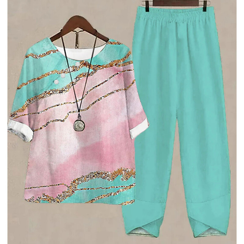Uus kaheosaline komplekt naiste vabaaja O-kaelusega lühikeste varrukatega triibuga, prinditud sobivad suvised naiste topid T-särk Elegantne avara pükste kostüümid sügiseks