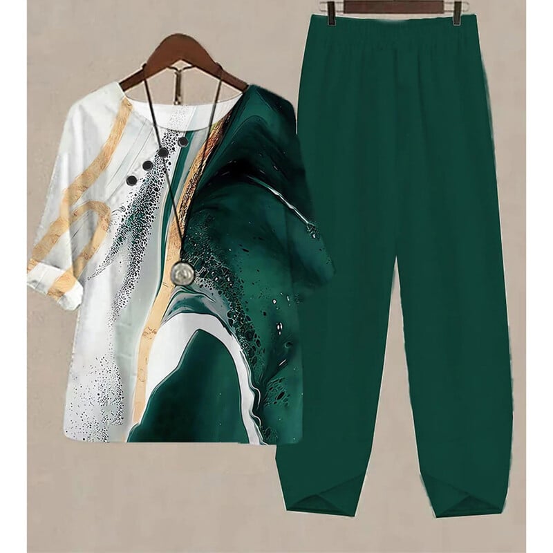 Uus kaheosaline komplekt naiste vabaaja O-kaelusega lühikeste varrukatega triibuga, prinditud sobivad suvised naiste topid T-särk Elegantne avara pükste kostüümid sügiseks