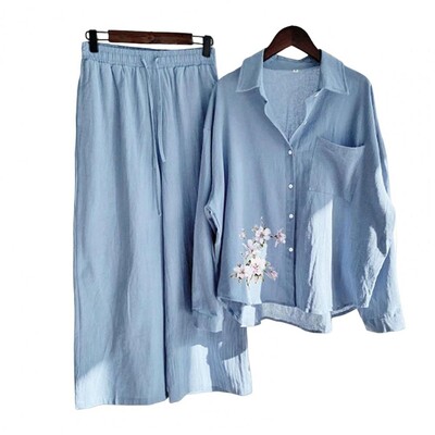 Sprind Ljetni pamučni laneni ženski kompleti od 2 komada Odjevni predmeti Elegantni ležerni kompleti odgovarajuće veličine s printom Žensko odijelo Bluza Hlače