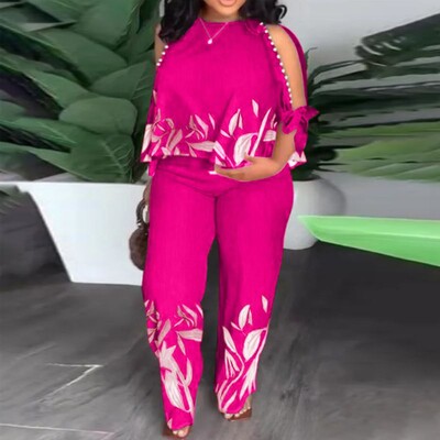 2024. VONDA Ženski modni kompleti hlača Ljeto, hladna ramena, ležerne široke majice s 3/4 rukavima, duge hlače Vintage boemski setovi s printom