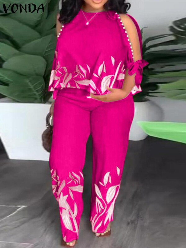 2024. VONDA Ženski modni kompleti hlača Ljeto, hladna ramena, ležerne široke majice s 3/4 rukavima, duge hlače Vintage boemski setovi s printom