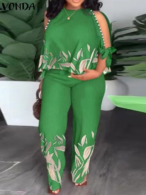 2024. VONDA Ženski modni kompleti hlača Ljeto, hladna ramena, ležerne široke majice s 3/4 rukavima, duge hlače Vintage boemski setovi s printom