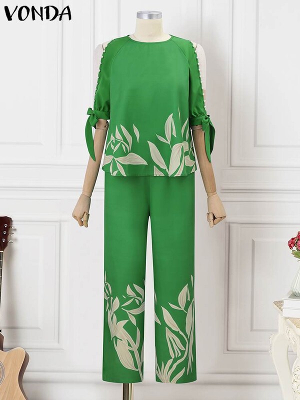 2024. VONDA Ženski modni kompleti hlača Ljeto, hladna ramena, ležerne široke majice s 3/4 rukavima, duge hlače Vintage boemski setovi s printom