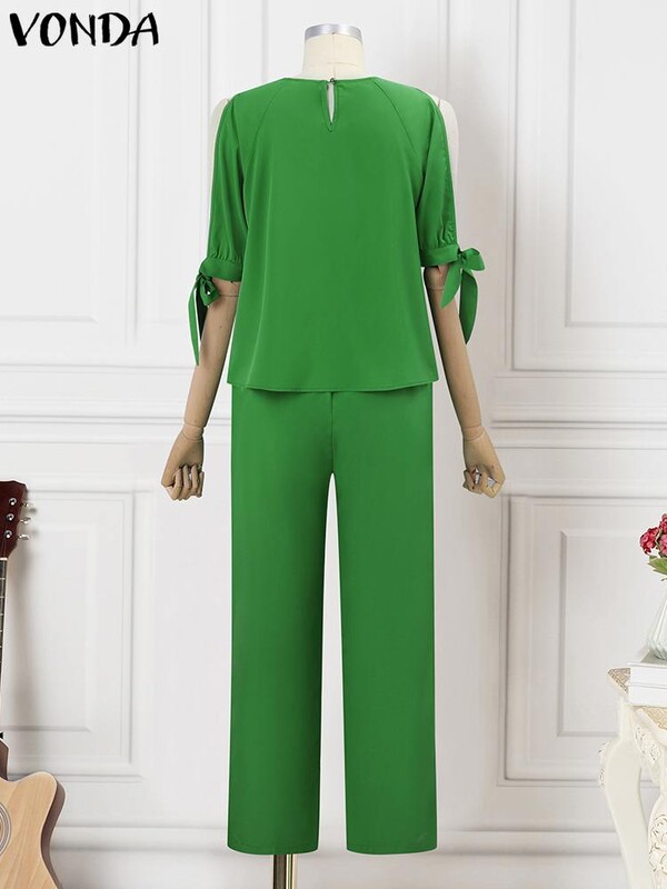 2024. VONDA Ženski modni kompleti hlača Ljeto, hladna ramena, ležerne široke majice s 3/4 rukavima, duge hlače Vintage boemski setovi s printom