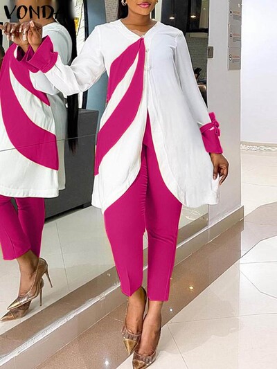 Plus veličina 5XL VONDA Ženski elegantni modni kompleti hlača dugih rukava 2 komada patchwork majica i dugih hlača Ležerna široka ulična odijela