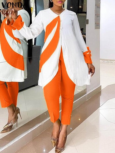 Plus veličina 5XL VONDA Ženski elegantni modni kompleti hlača dugih rukava 2 komada patchwork majica i dugih hlača Ležerna široka ulična odijela