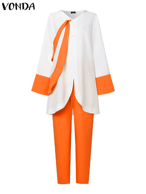 Plus veličina 5XL VONDA Ženski elegantni modni kompleti hlača dugih rukava 2 komada patchwork majica i dugih hlača Ležerna široka ulična odijela